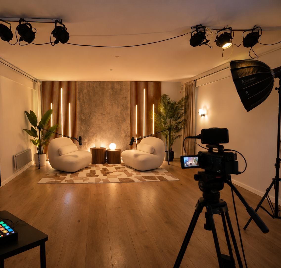 Plateau podcast vid&eacute;o avec fauteuils, micros et cam&eacute;ra