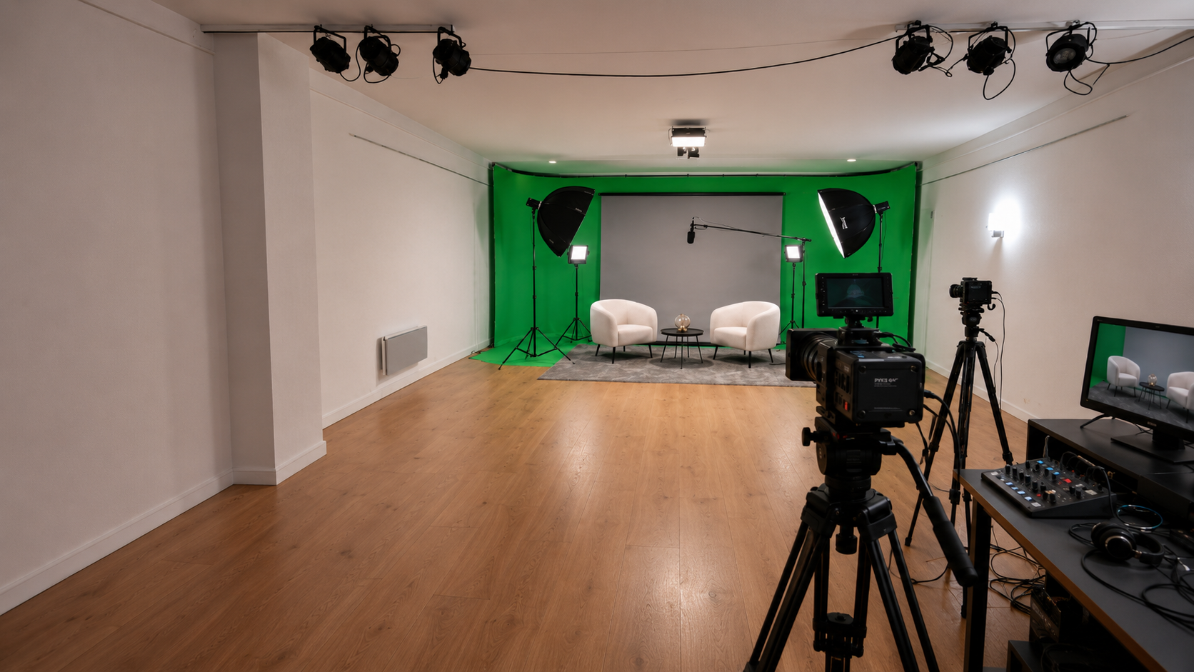 Plateau de production vid&eacute;o avec fond vert et cam&eacute;ra